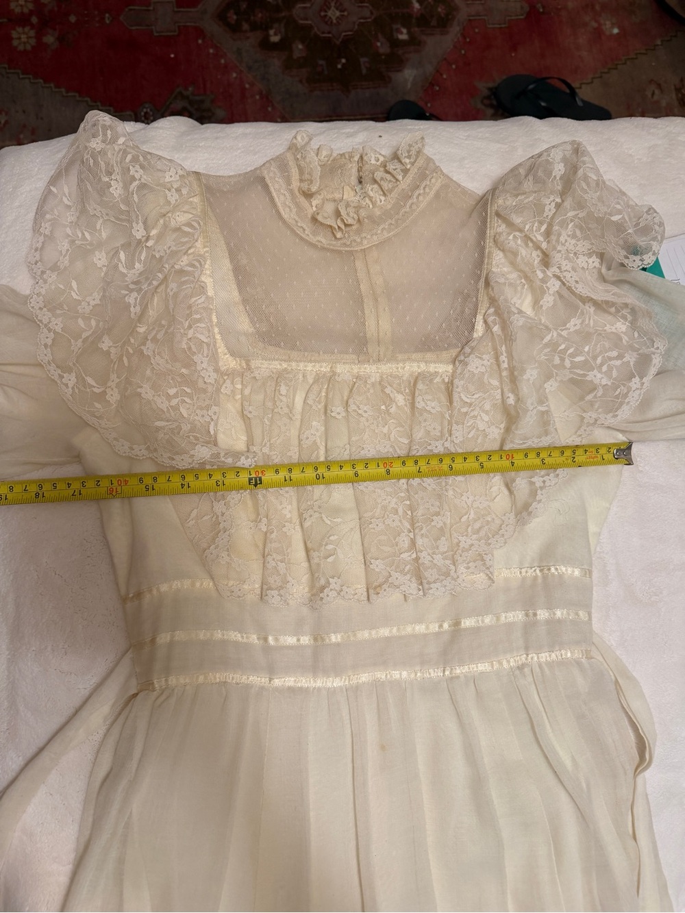 Vintage Cottagecore Lace Yoke Ivory prairie Dress with Ruffled Shoulders - Picture 11 of 11